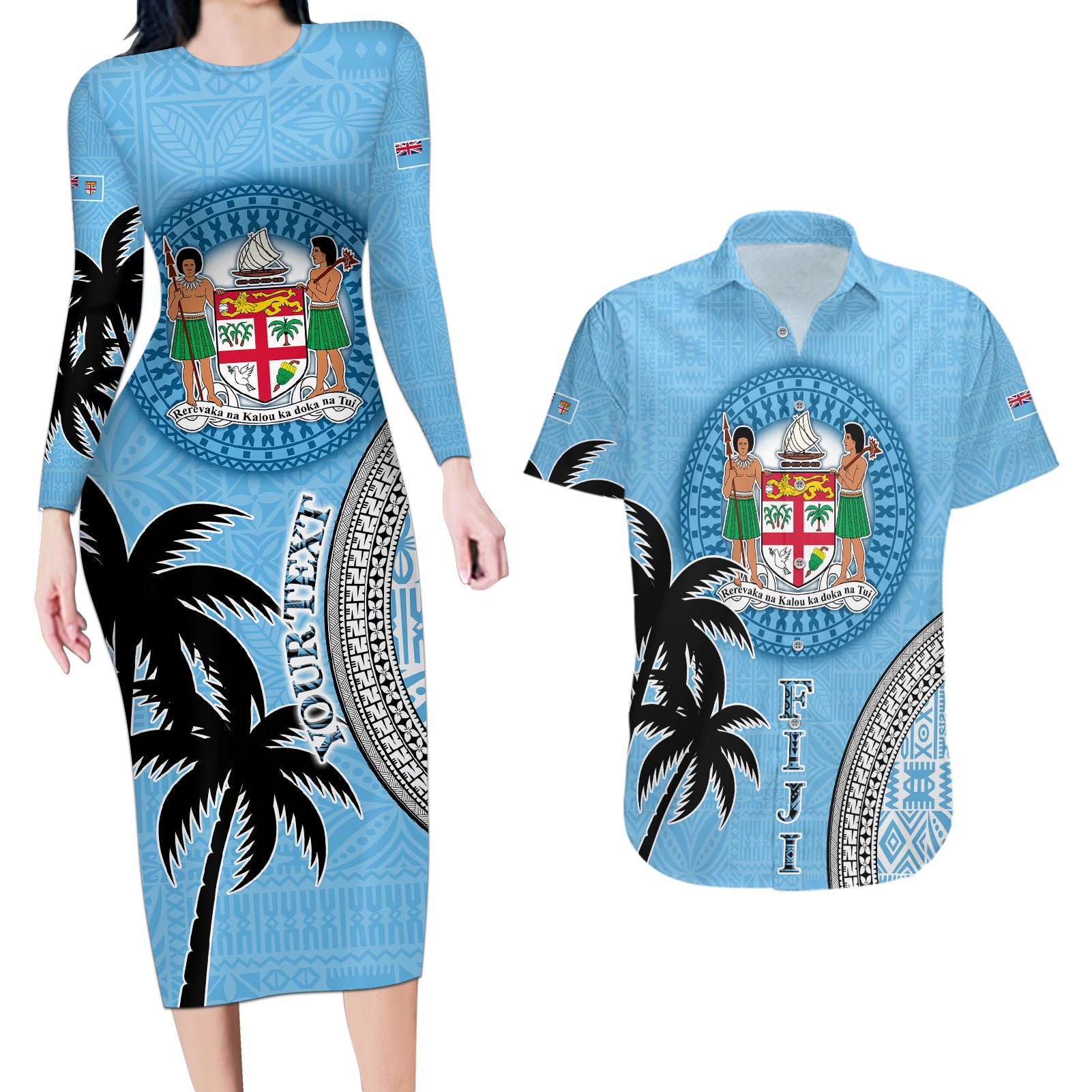 Personalised Fiji Couples Matching Long Sleeve Bodycon Dress and Hawaiian Shirt Tapa Pattern Fijian Coat of Arms and Palm Tree LT03 Blue - Polynesian Pride