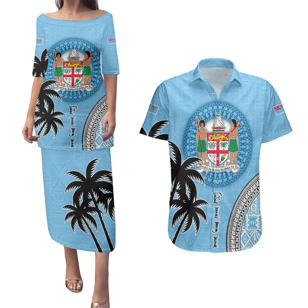 Personalised Fiji Couples Matching Puletasi Dress and Hawaiian Shirt Tapa Pattern Fijian Coat of Arms and Palm Tree LT03 Blue - Polynesian Pride