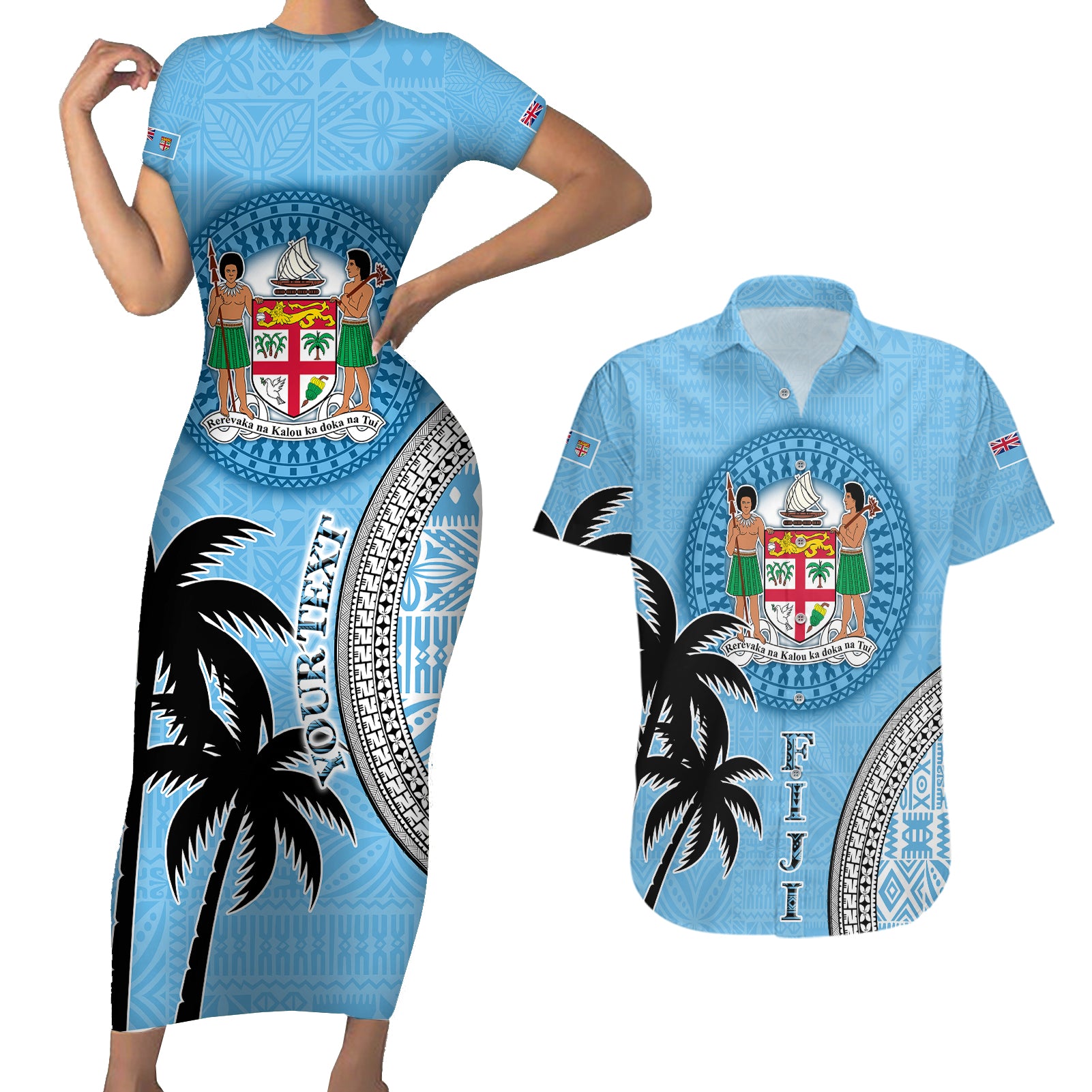 Personalised Fiji Couples Matching Short Sleeve Bodycon Dress and Hawaiian Shirt Tapa Pattern Fijian Coat of Arms and Palm Tree LT03 Blue - Polynesian Pride