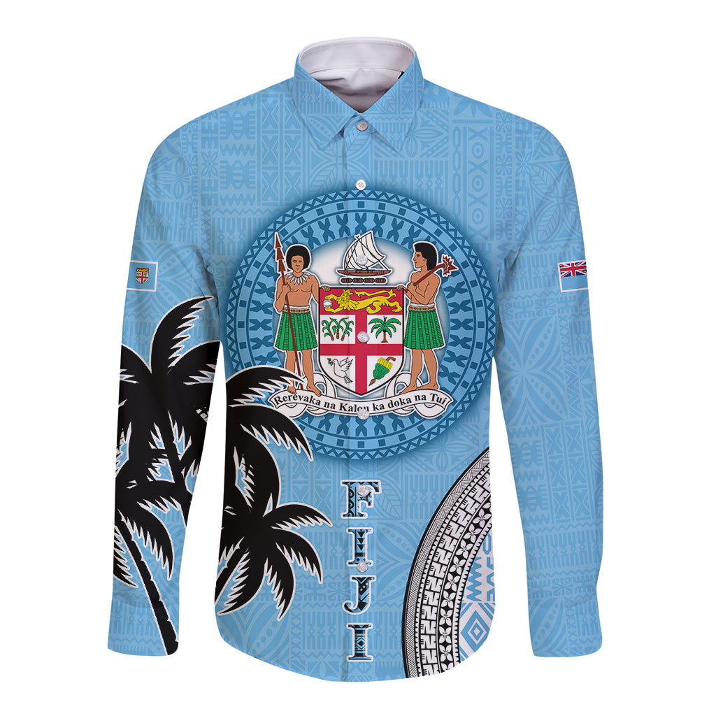 Personalised Fiji Long Sleeve Button Shirt Tapa Pattern Fijian Coat of Arms and Palm Tree LT03 Unisex Blue - Polynesian Pride