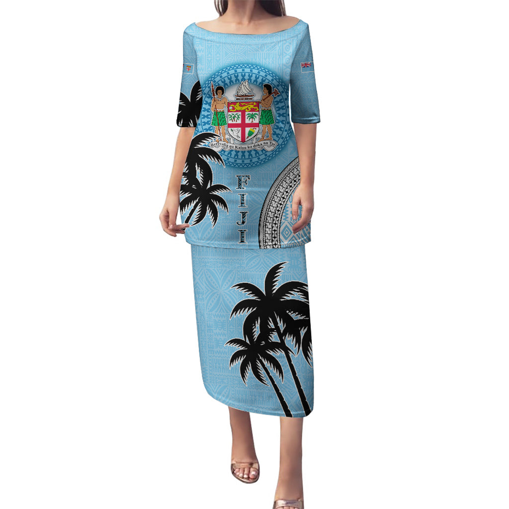 Personalised Fiji Puletasi Tapa Pattern Fijian Coat of Arms and Palm Tree LT03 Long Dress Blue - Polynesian Pride