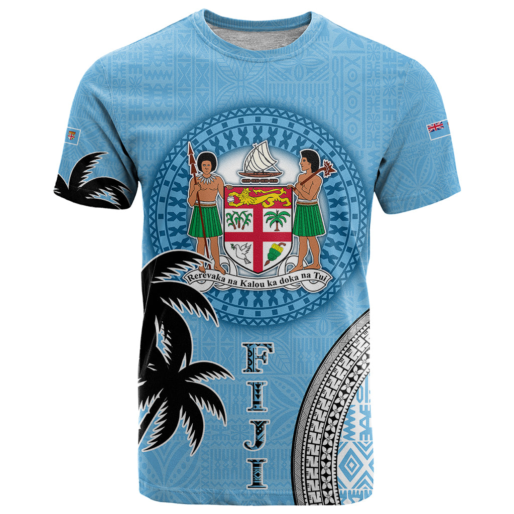 Personalised Fiji T Shirt Tapa Pattern Fijian Coat of Arms and Palm Tree LT03 Blue - Polynesian Pride