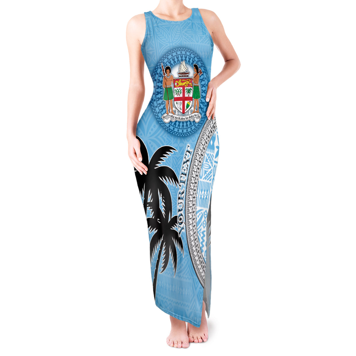 Personalised Fiji Tank Maxi Dress Tapa Pattern Fijian Coat of Arms and Palm Tree LT03 Women Blue - Polynesian Pride