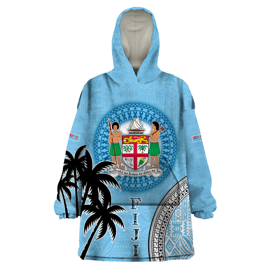 Personalised Fiji Wearable Blanket Hoodie Tapa Pattern Fijian Coat of Arms and Palm Tree LT03 One Size Blue - Polynesian Pride