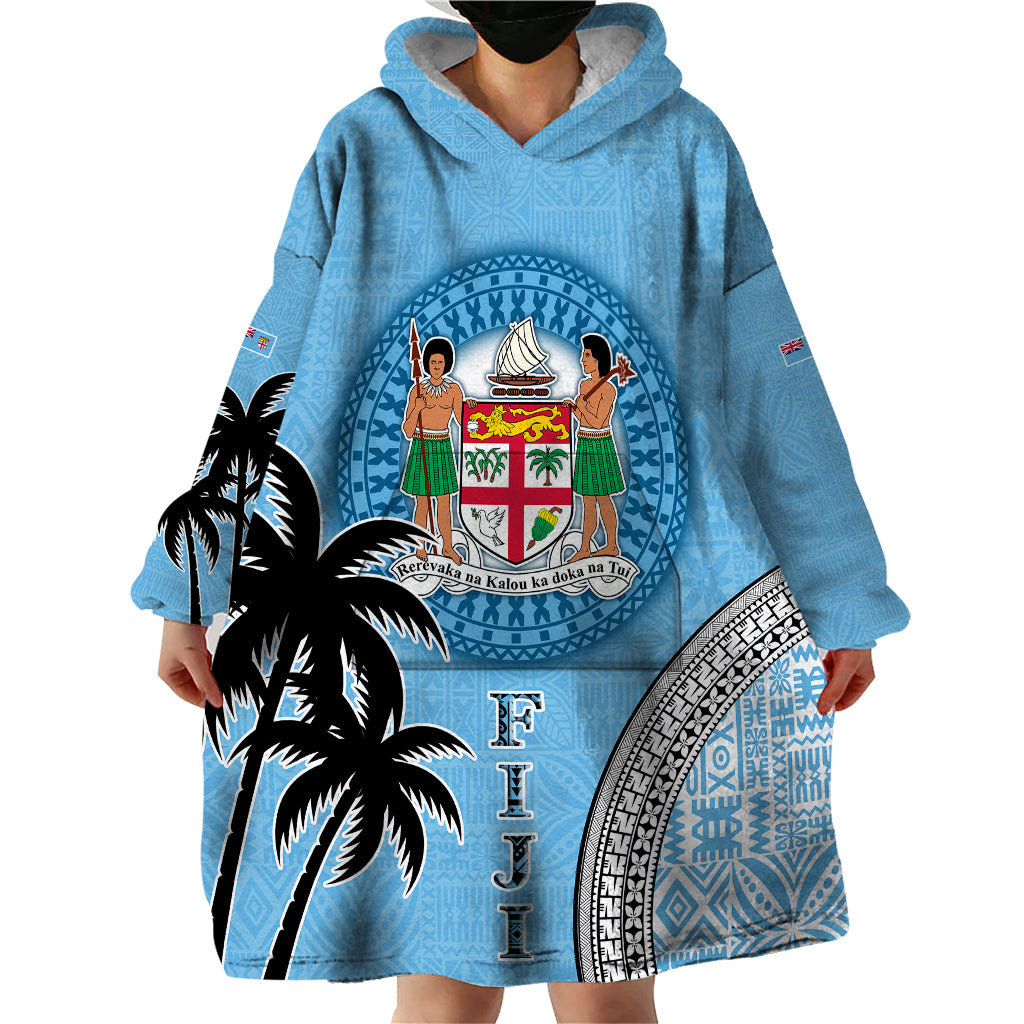 Personalised Fiji Wearable Blanket Hoodie Tapa Pattern Fijian Coat of Arms and Palm Tree LT03 - Polynesian Pride