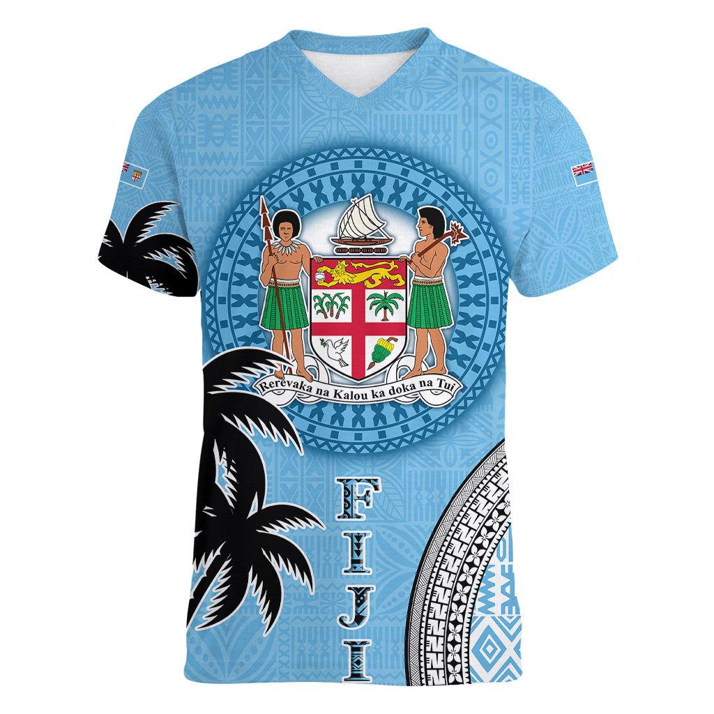 Personalised Fiji Women V Neck T Shirt Tapa Pattern Fijian Coat of Arms and Palm Tree LT03 Female Blue - Polynesian Pride