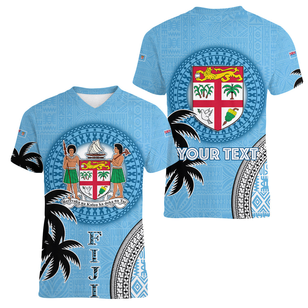 Personalised Fiji Women V Neck T Shirt Tapa Pattern Fijian Coat of Arms and Palm Tree LT03 - Polynesian Pride