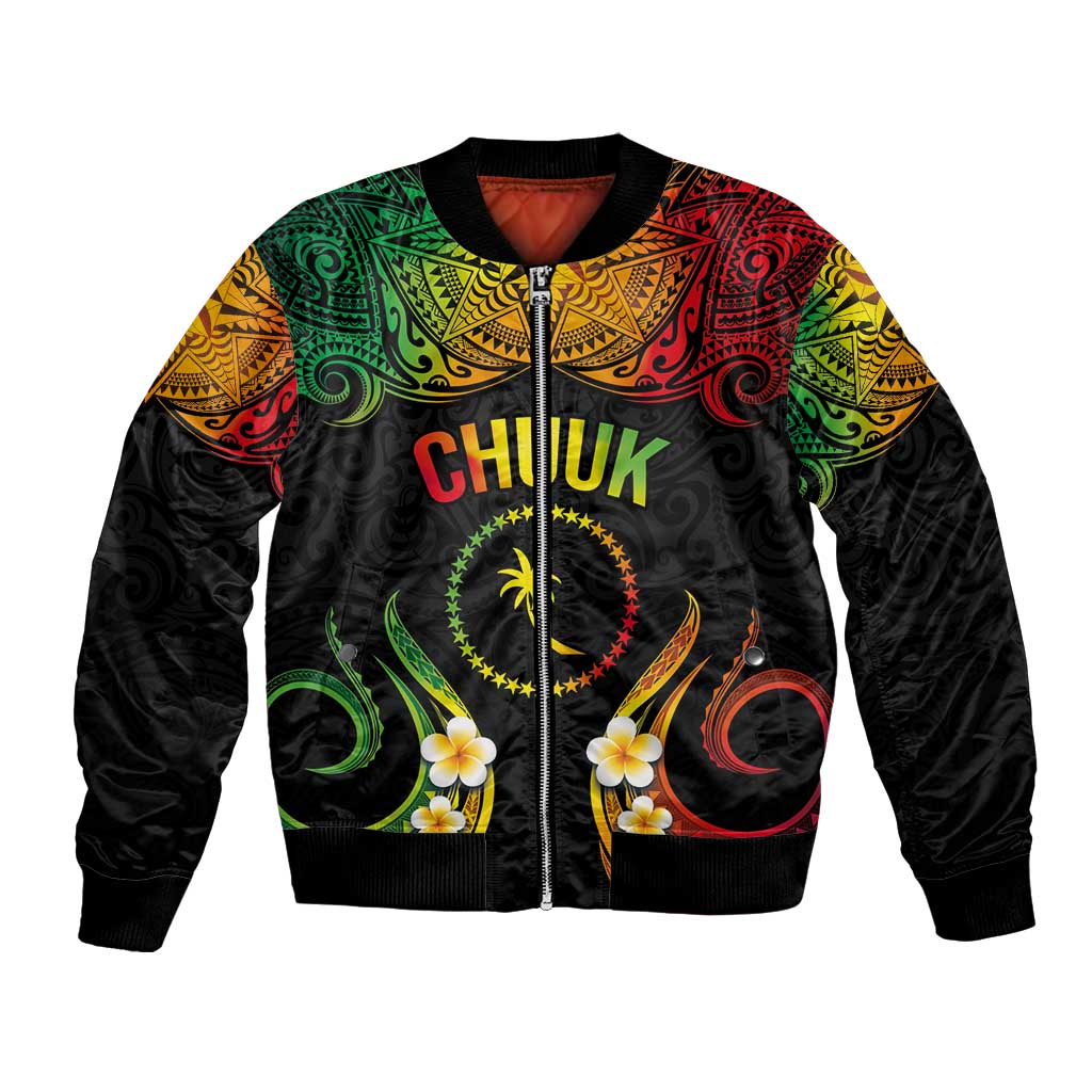 Personalised Chuuk Independence Day Bomber Jacket Polynesian Tattoo and Plumeria Reggae Color