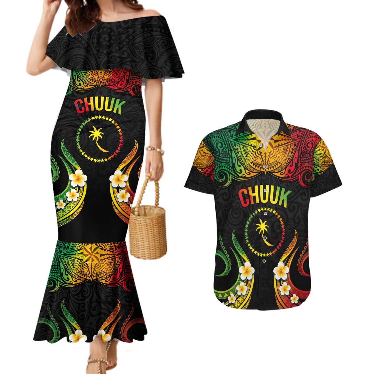 Personalised Chuuk Independence Day Couples Matching Mermaid Dress and Hawaiian Shirt Polynesian Tattoo and Plumeria Reggae Color LT03 Reggae - Polynesian Pride
