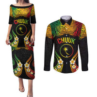 Personalised Chuuk Independence Day Couples Matching Puletasi and Long Sleeve Button Shirt Polynesian Tattoo and Plumeria Reggae Color