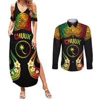 Personalised Chuuk Independence Day Couples Matching Summer Maxi Dress and Long Sleeve Button Shirt Polynesian Tattoo and Plumeria Reggae Color