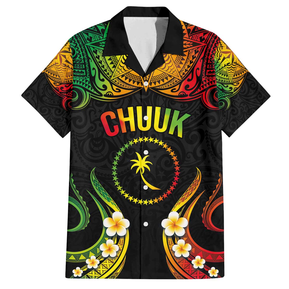 Personalised Chuuk Independence Day Family Matching Puletasi and Hawaiian Shirt Polynesian Tattoo and Plumeria Reggae Color LT03 Dad's Shirt - Short Sleeve Reggae - Polynesian Pride