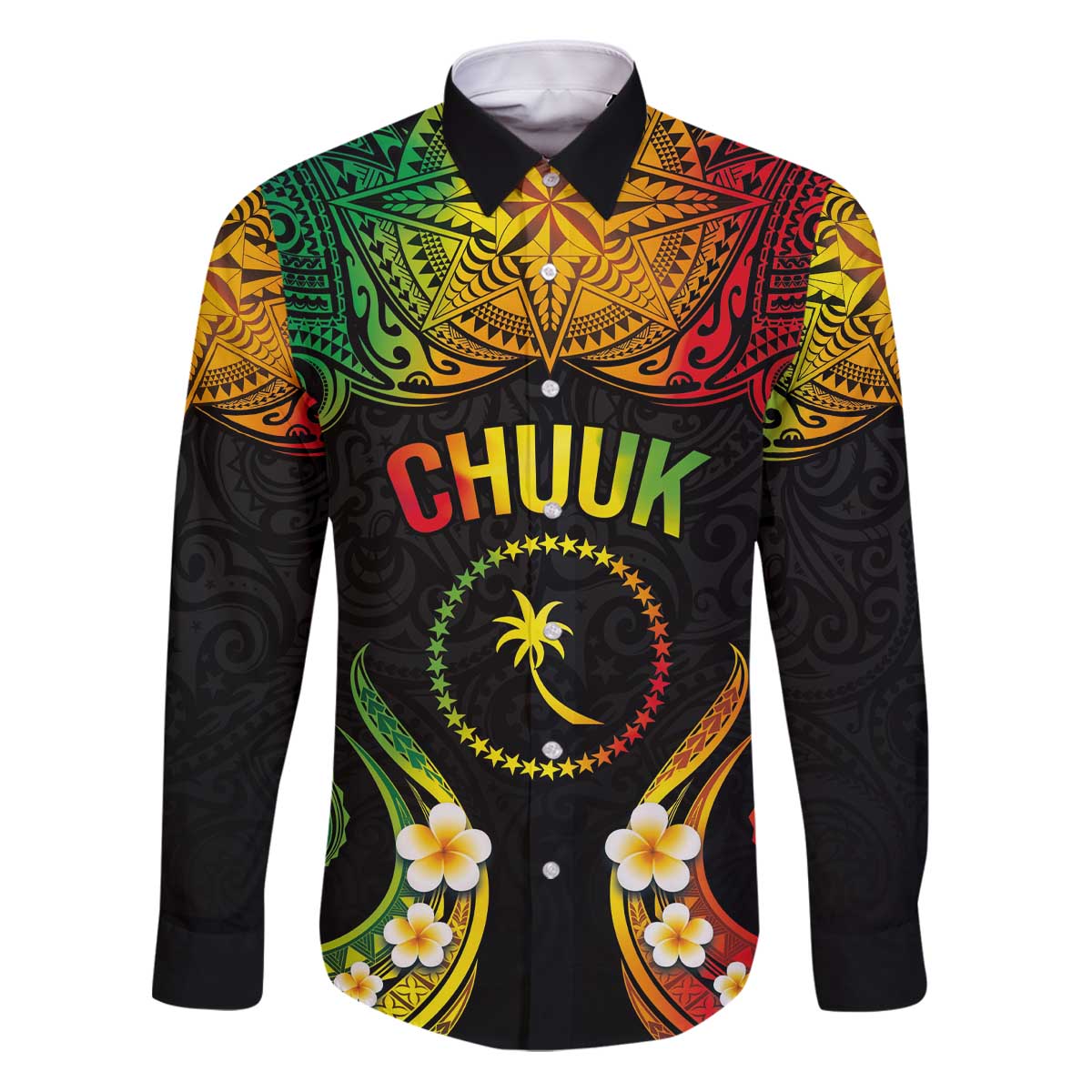 Personalised Chuuk Independence Day Family Matching Puletasi and Hawaiian Shirt Polynesian Tattoo and Plumeria Reggae Color LT03 Dad's Shirt - Long Sleeve Reggae - Polynesian Pride
