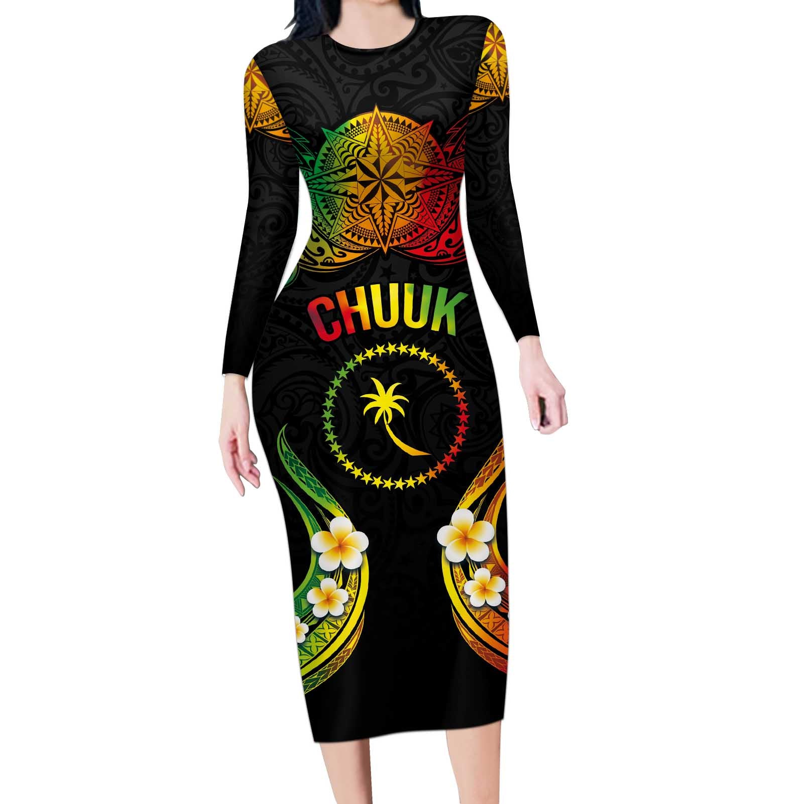 Personalised Chuuk Independence Day Long Sleeve Bodycon Dress Polynesian Tattoo and Plumeria Reggae Color