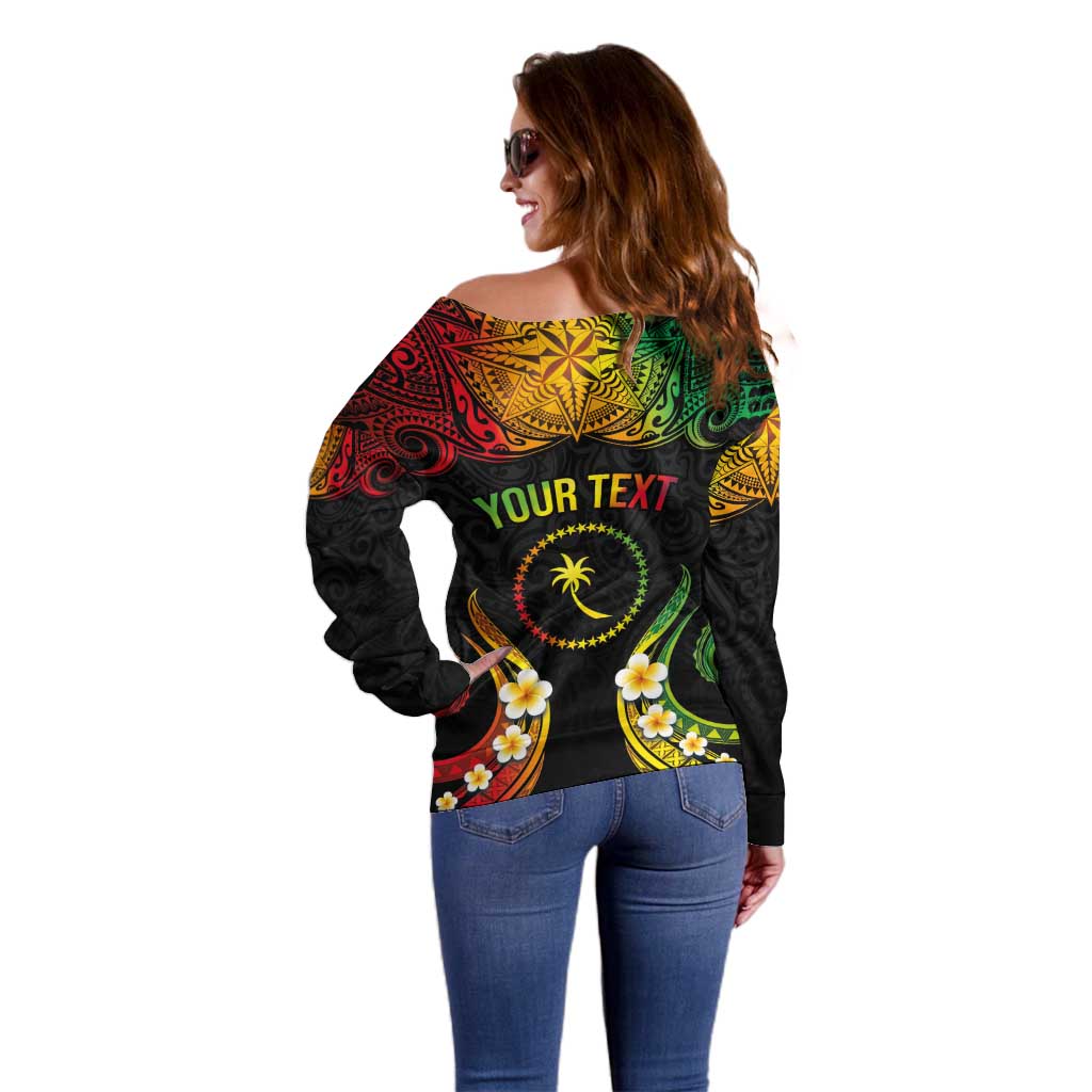 Personalised Chuuk Independence Day Off Shoulder Sweater Polynesian Tattoo and Plumeria Reggae Color