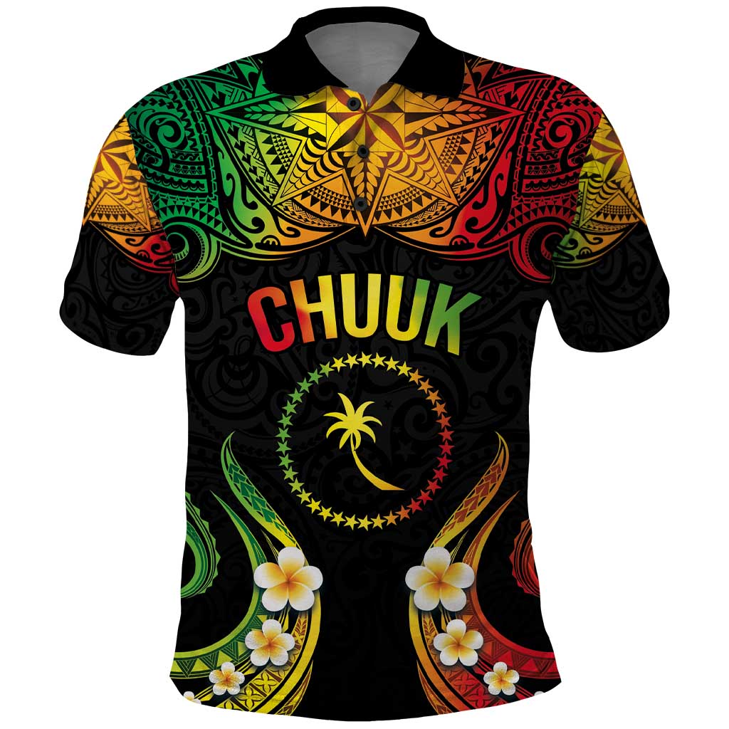 Personalised Chuuk Independence Day Polo Shirt Polynesian Tattoo and Plumeria Reggae Color