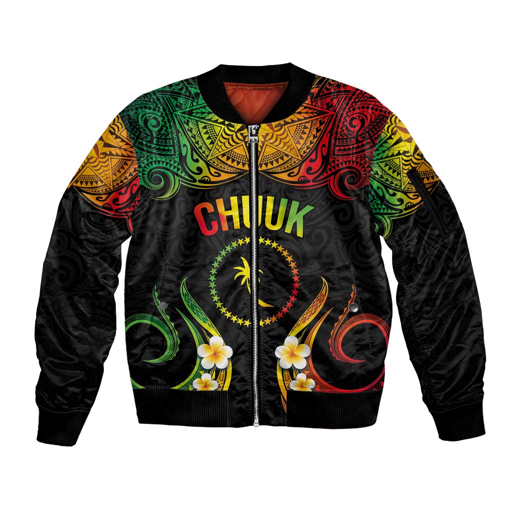 Personalised Chuuk Independence Day Sleeve Zip Bomber Jacket Polynesian Tattoo and Plumeria Reggae Color