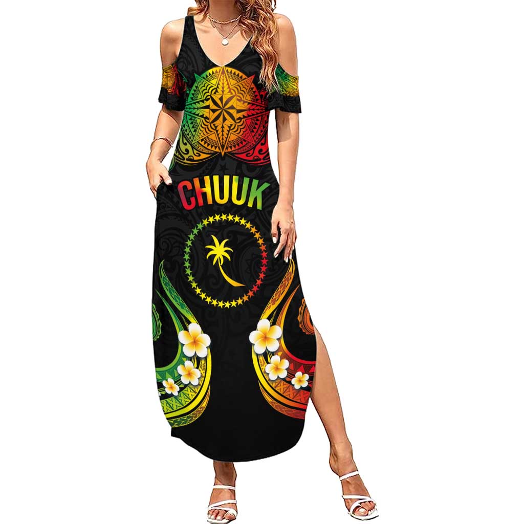 Personalised Chuuk Independence Day Summer Maxi Dress Polynesian Tattoo and Plumeria Reggae Color