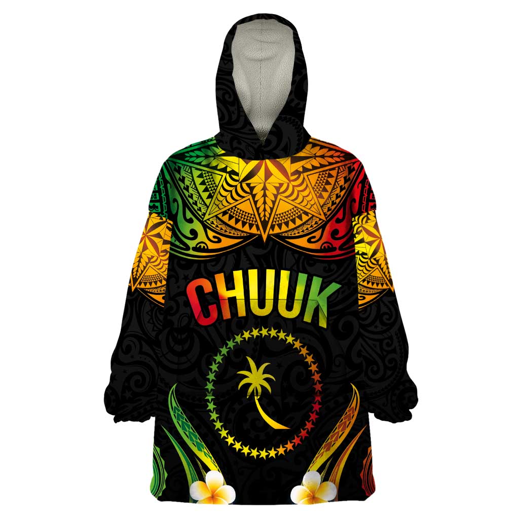 Personalised Chuuk Independence Day Wearable Blanket Hoodie Polynesian Tattoo and Plumeria Reggae Color