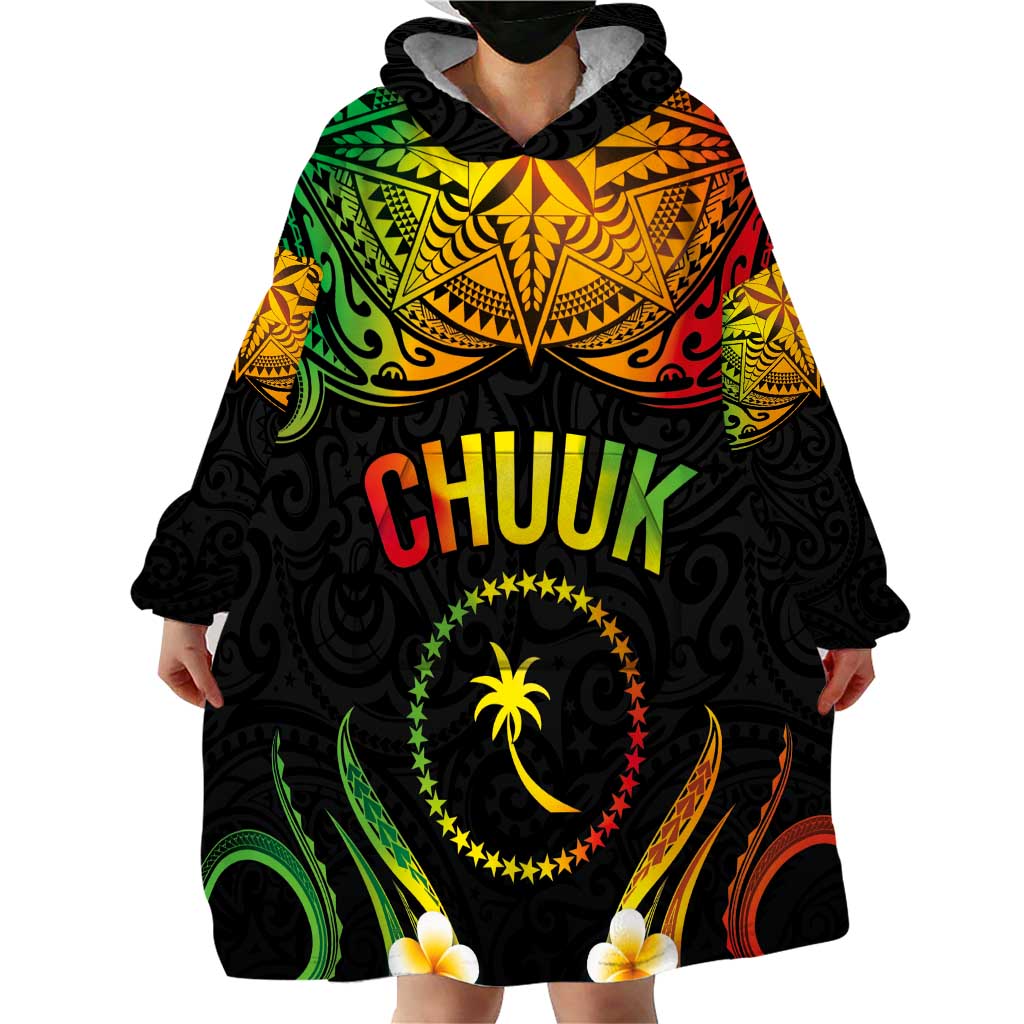 Personalised Chuuk Independence Day Wearable Blanket Hoodie Polynesian Tattoo and Plumeria Reggae Color