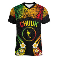 Personalised Chuuk Independence Day Women V-Neck T-Shirt Polynesian Tattoo and Plumeria Reggae Color