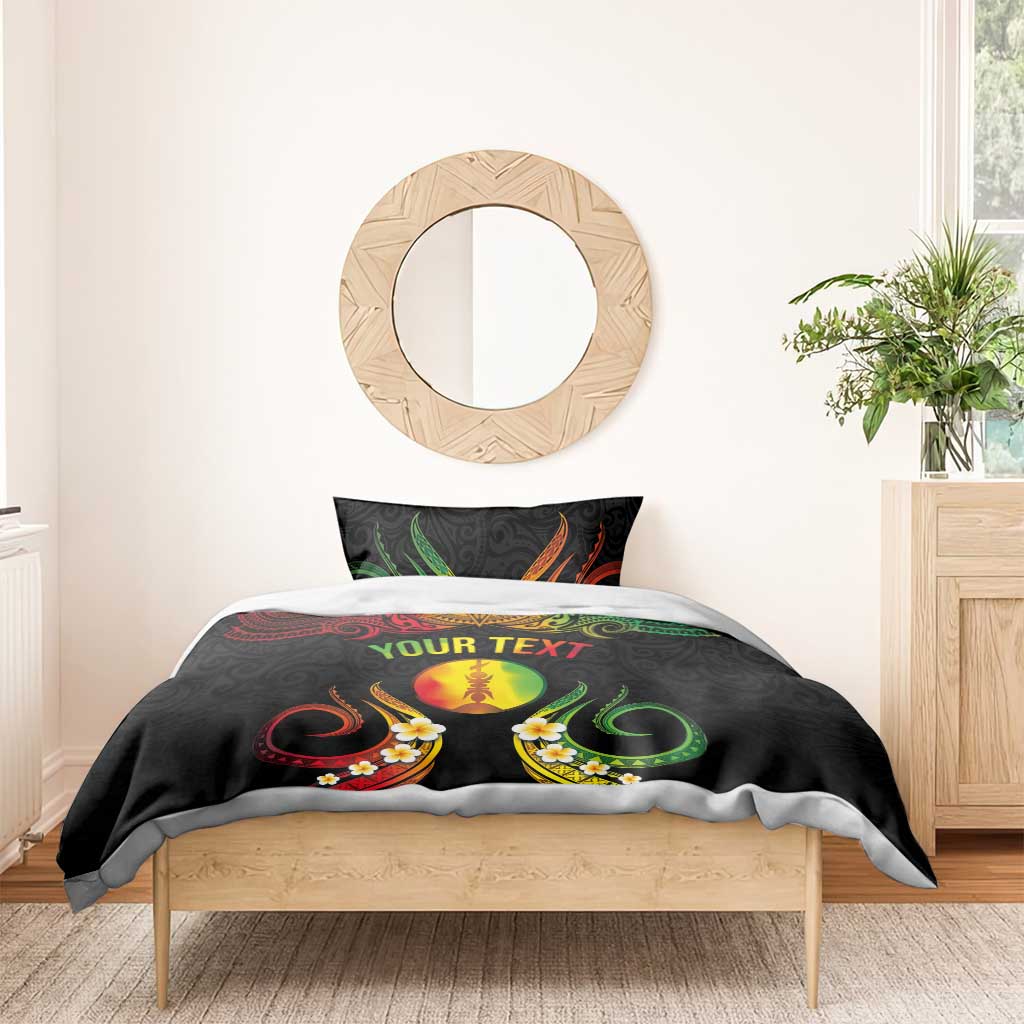 Personalised New Caledonia Independence Day Bedding Set Polynesian Tattoo and Plumeria Reggae Color