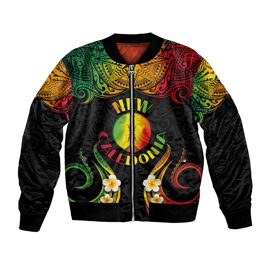 Personalised New Caledonia Independence Day Bomber Jacket Polynesian Tattoo and Plumeria Reggae Color