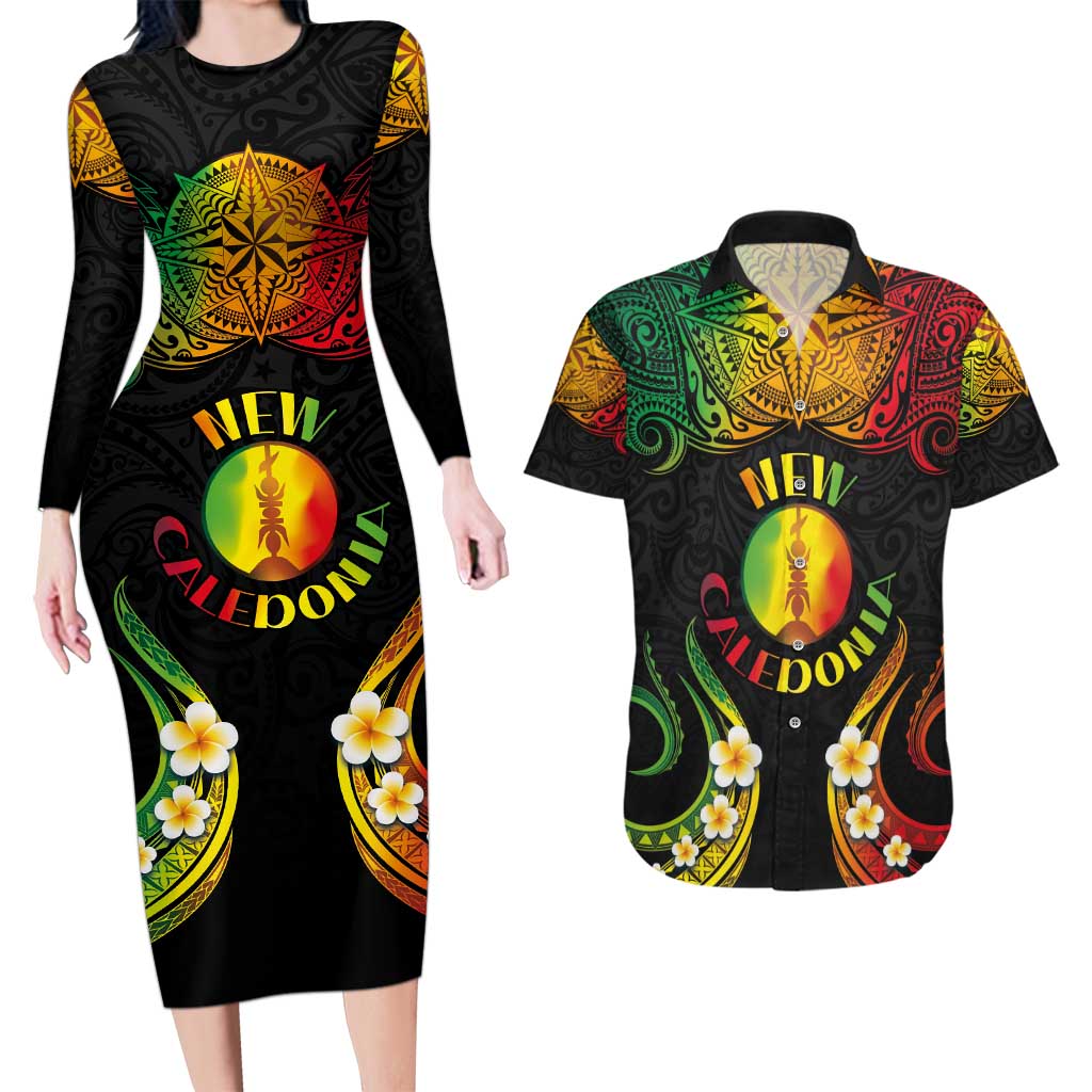 Personalised New Caledonia Independence Day Couples Matching Long Sleeve Bodycon Dress and Hawaiian Shirt Polynesian Tattoo and Plumeria Reggae Color