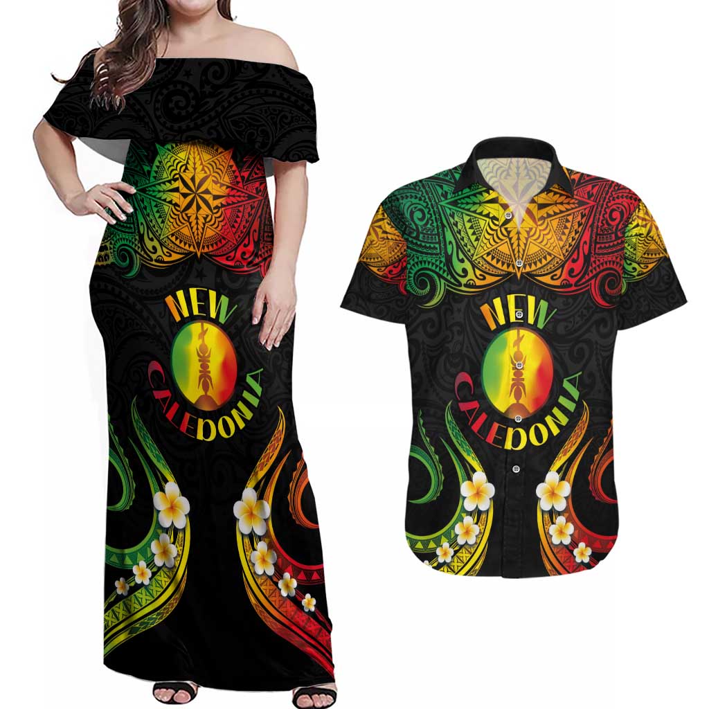 Personalised New Caledonia Independence Day Couples Matching Off Shoulder Maxi Dress and Hawaiian Shirt Polynesian Tattoo and Plumeria Reggae Color