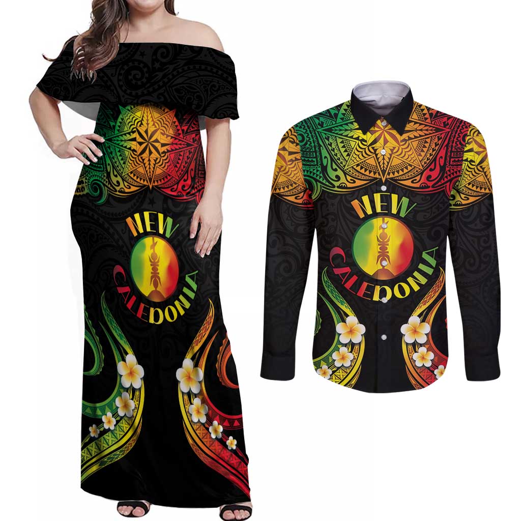 Personalised New Caledonia Independence Day Couples Matching Off Shoulder Maxi Dress and Long Sleeve Button Shirt Polynesian Tattoo and Plumeria Reggae Color