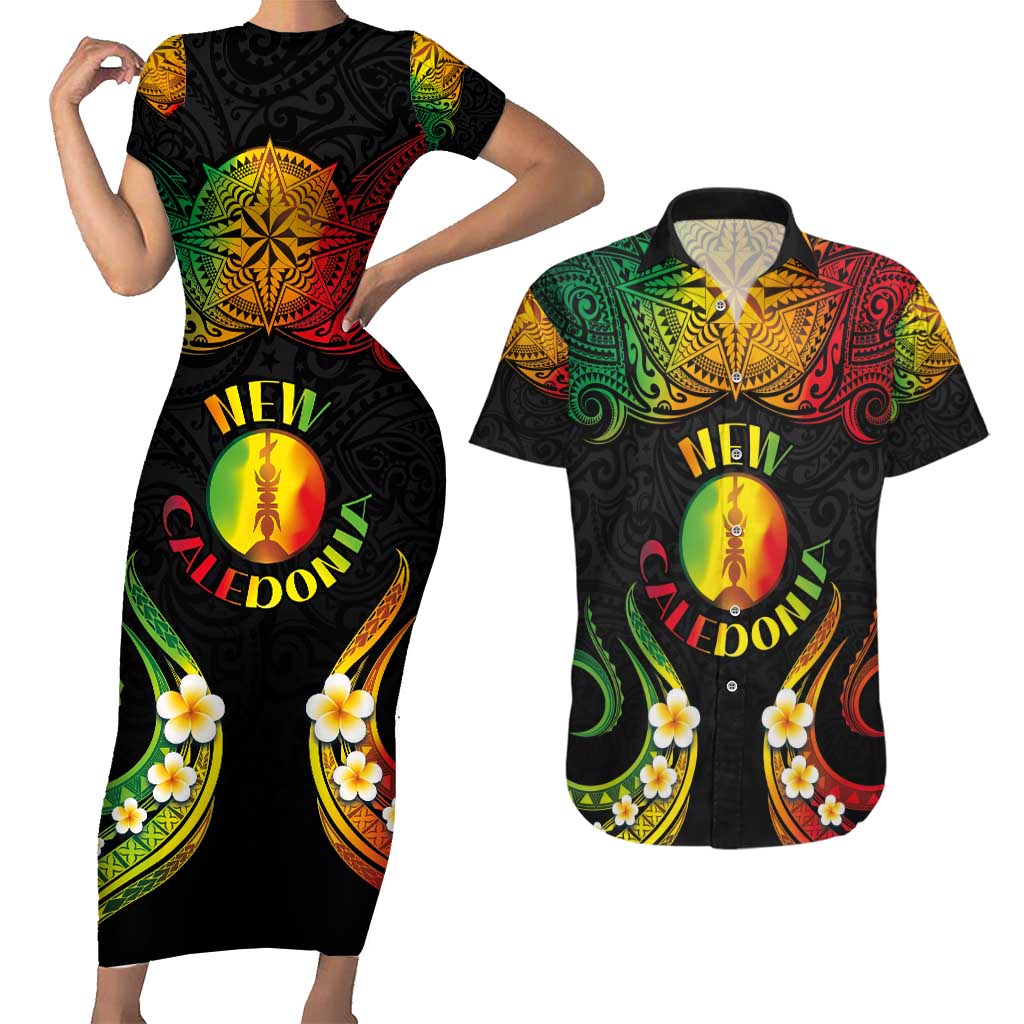 Personalised New Caledonia Independence Day Couples Matching Short Sleeve Bodycon Dress and Hawaiian Shirt Polynesian Tattoo and Plumeria Reggae Color