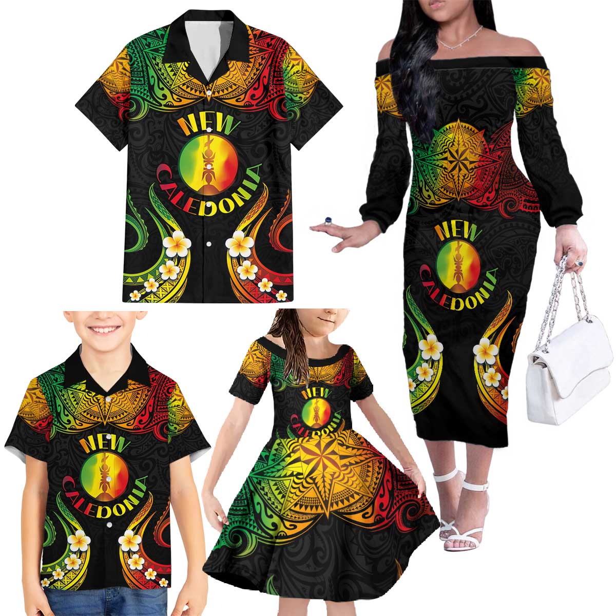 Personalised New Caledonia Independence Day Family Matching Off The Shoulder Long Sleeve Dress and Hawaiian Shirt Polynesian Tattoo and Plumeria Reggae Color