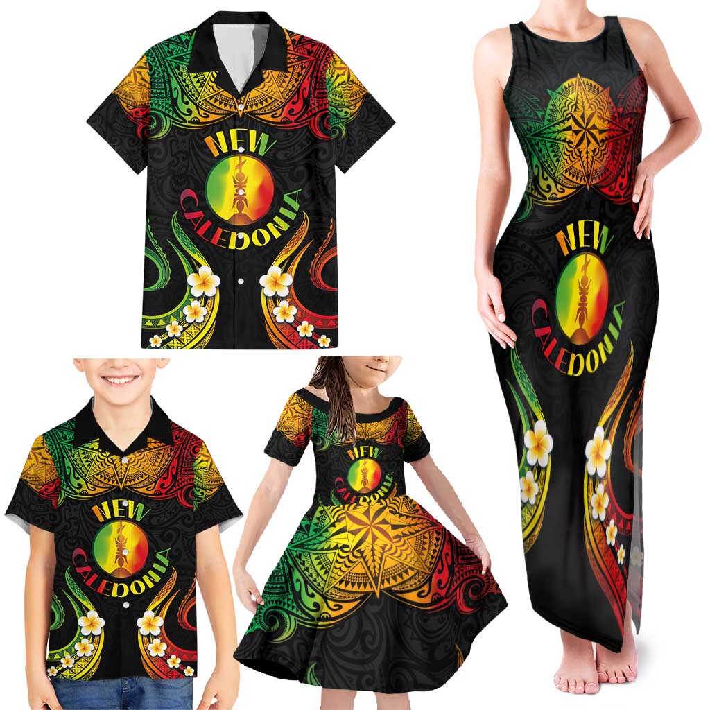 Personalised New Caledonia Independence Day Family Matching Tank Maxi Dress and Hawaiian Shirt Polynesian Tattoo and Plumeria Reggae Color