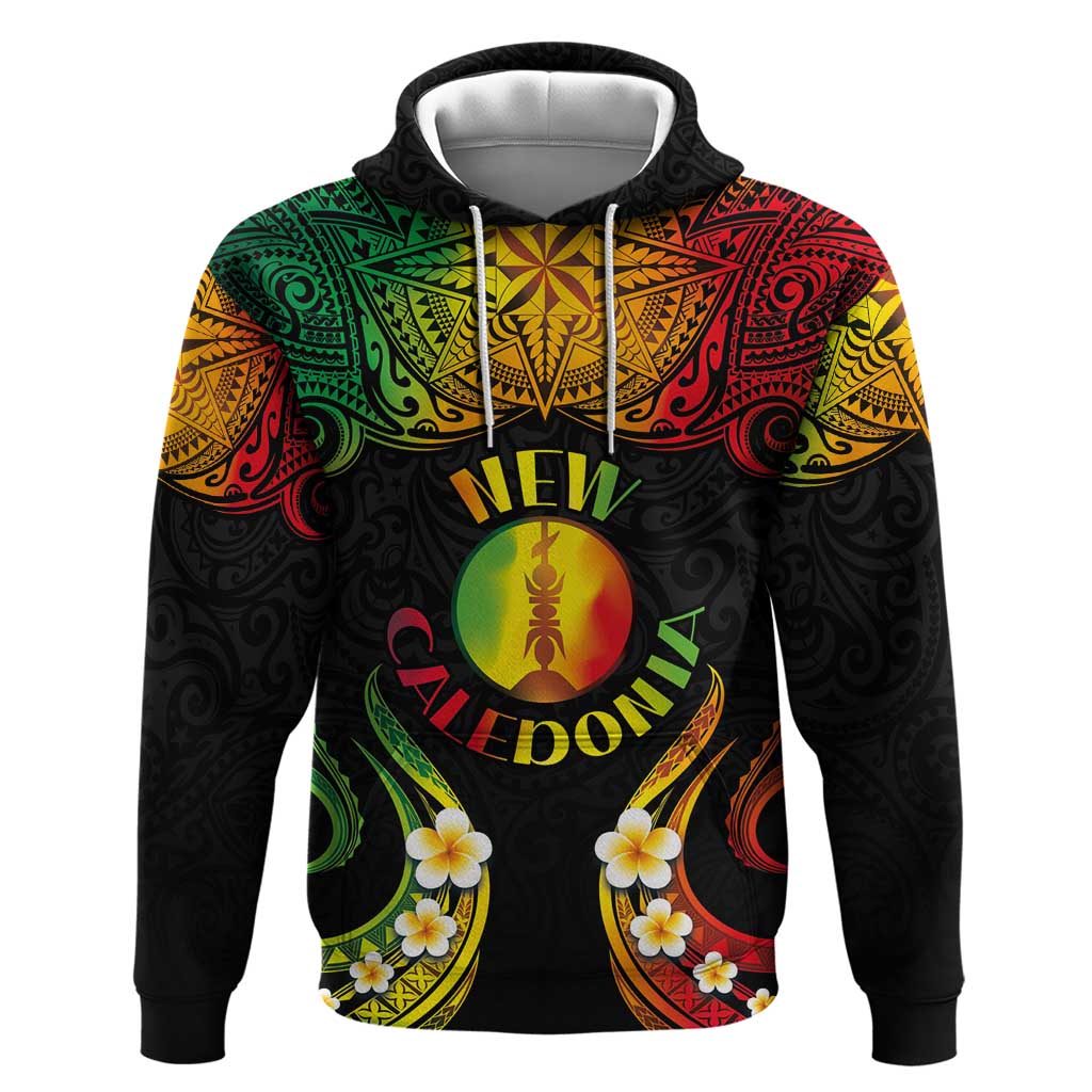 Personalised New Caledonia Independence Day Hoodie Polynesian Tattoo and Plumeria Reggae Color