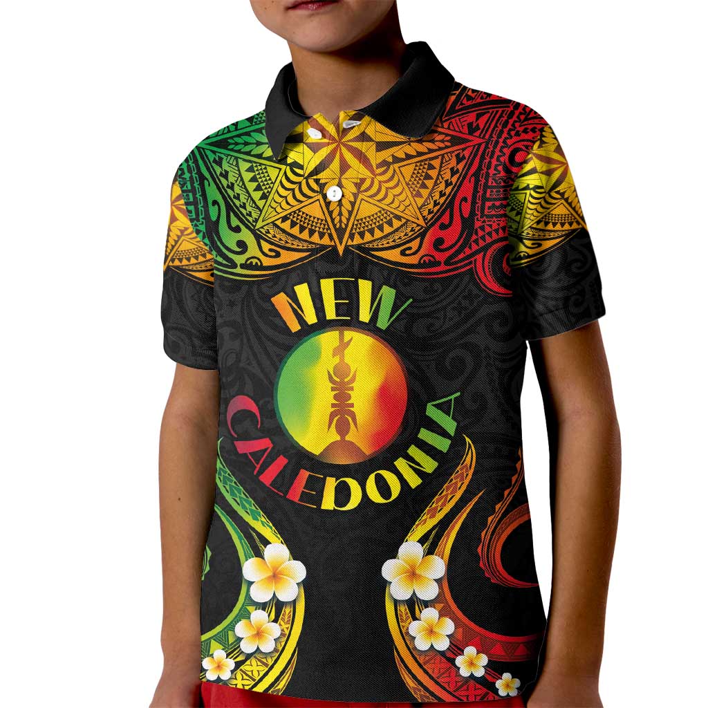 Personalised New Caledonia Independence Day Kid Polo Shirt Polynesian Tattoo and Plumeria Reggae Color