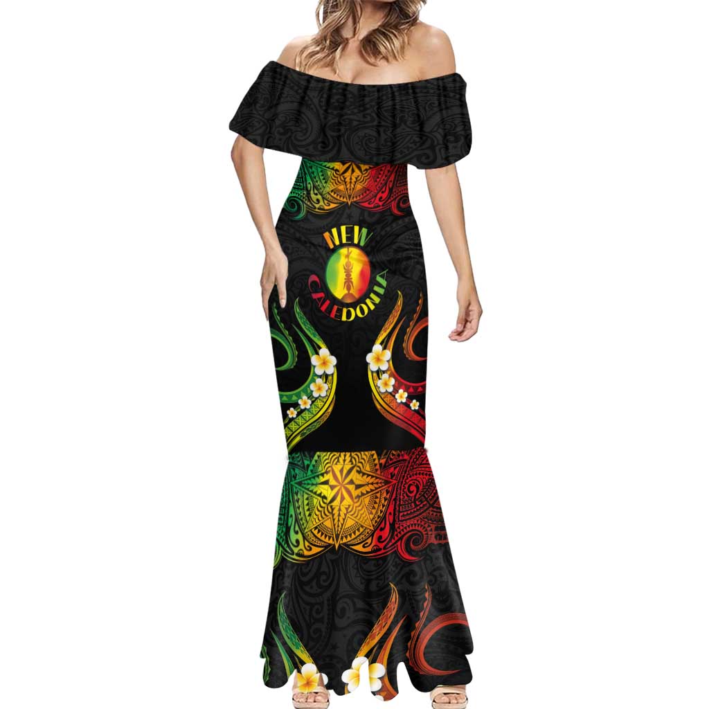 Personalised New Caledonia Independence Day Mermaid Dress Polynesian Tattoo and Plumeria Reggae Color