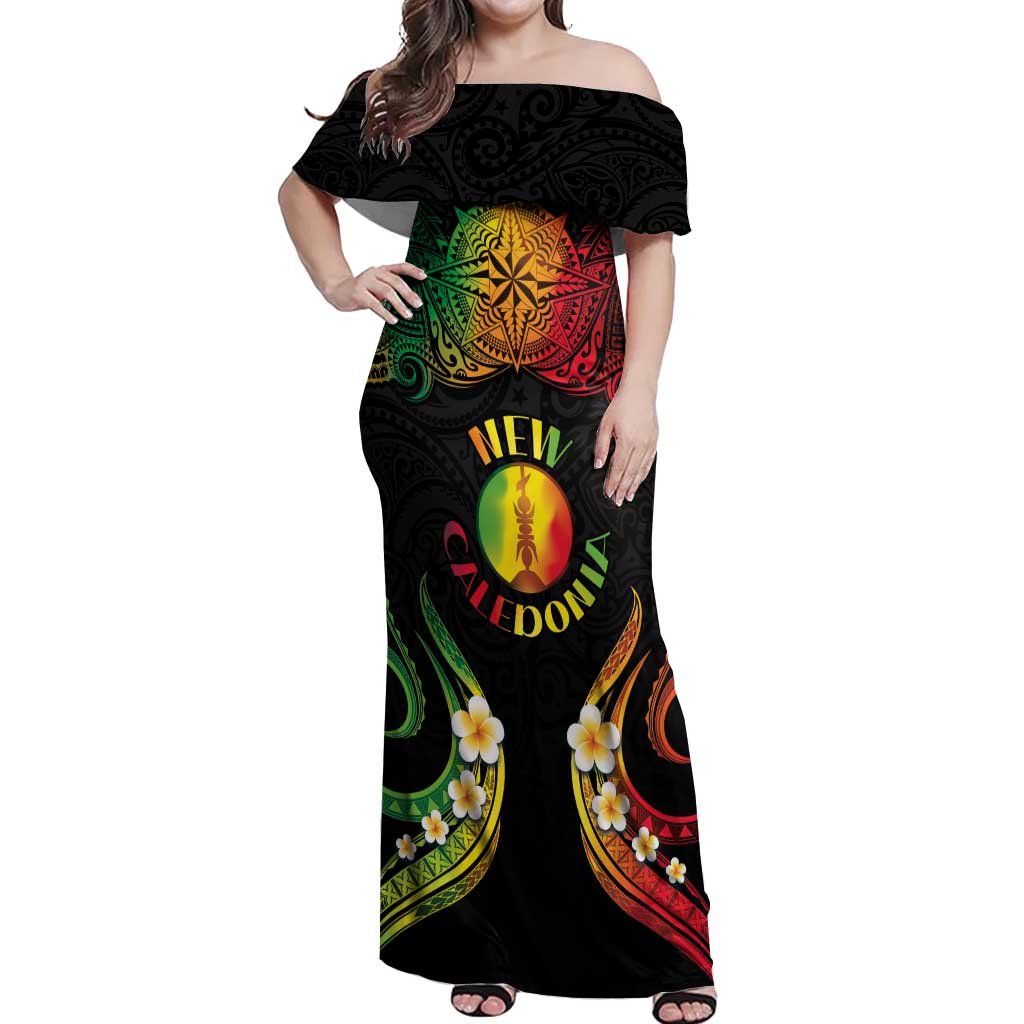 Personalised New Caledonia Independence Day Off Shoulder Maxi Dress Polynesian Tattoo and Plumeria Reggae Color
