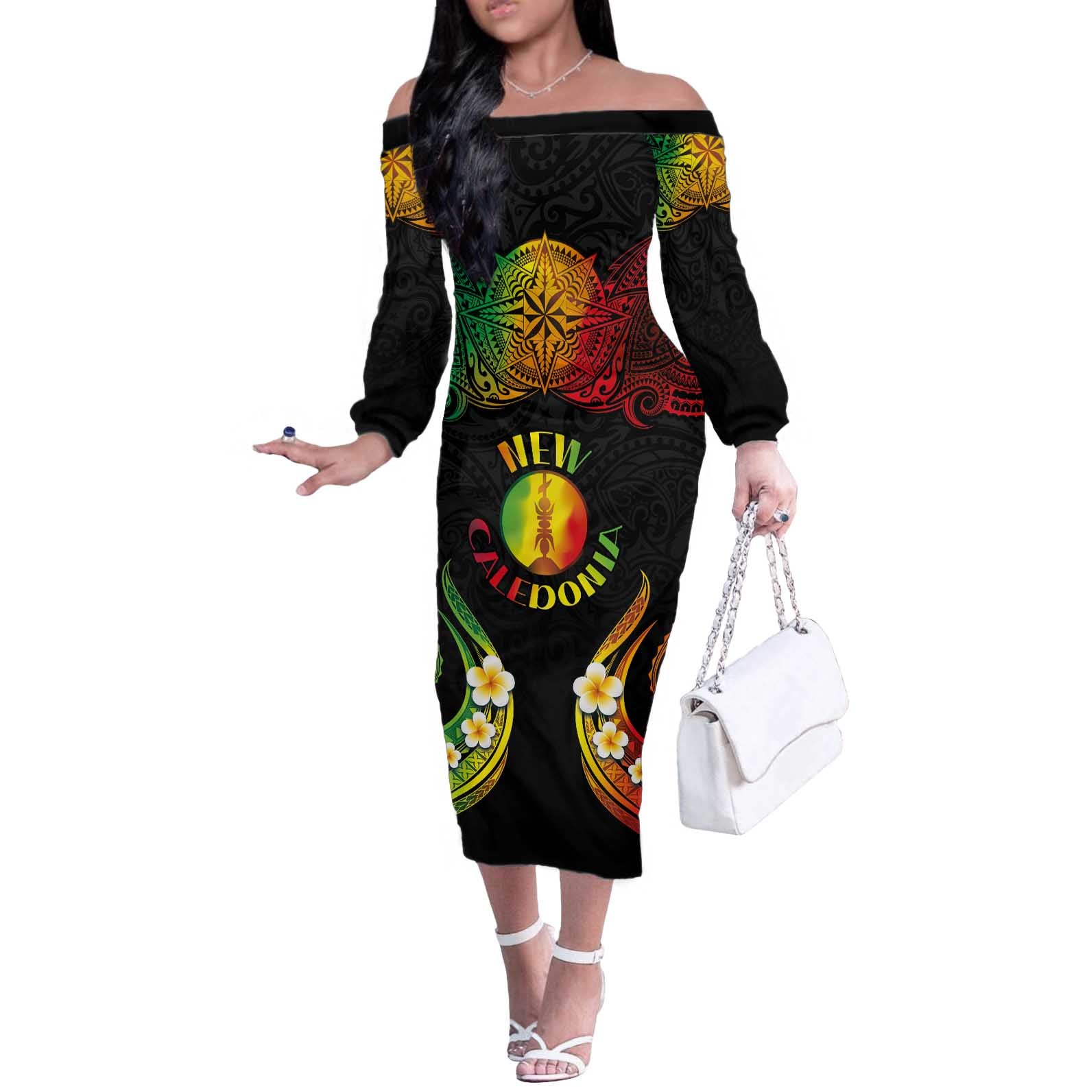 Personalised New Caledonia Independence Day Off The Shoulder Long Sleeve Dress Polynesian Tattoo and Plumeria Reggae Color