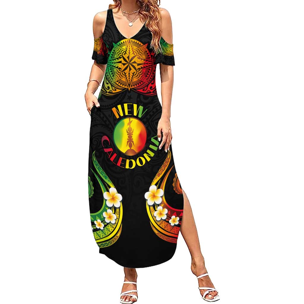 Personalised New Caledonia Independence Day Summer Maxi Dress Polynesian Tattoo and Plumeria Reggae Color