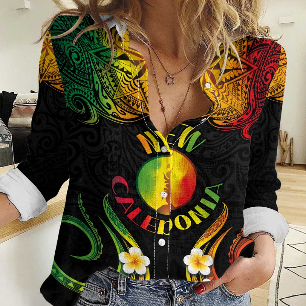 Personalised New Caledonia Independence Day Women Casual Shirt Polynesian Tattoo and Plumeria Reggae Color