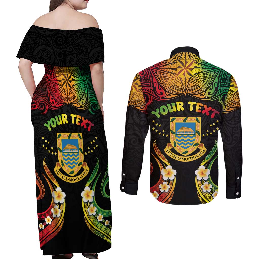 Personalised Tuvalu Independence Day Couples Matching Off Shoulder Maxi Dress and Long Sleeve Button Shirt Polynesian Tattoo and Plumeria Reggae Color