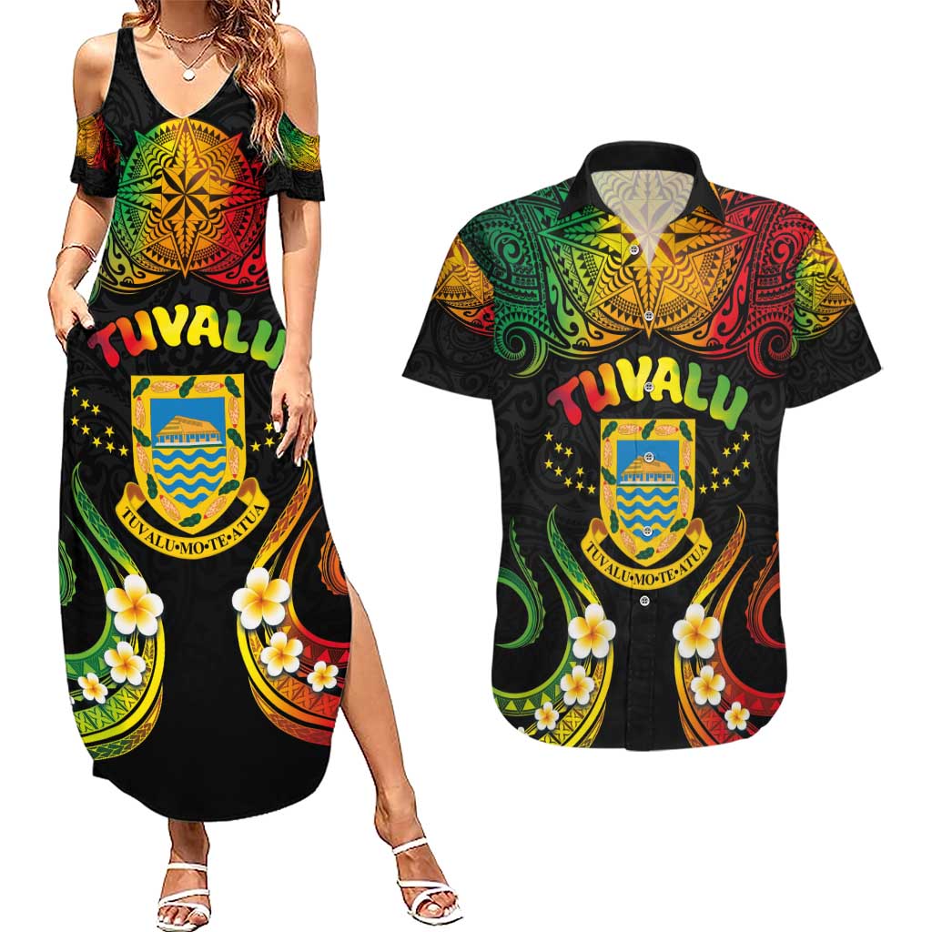 Personalised Tuvalu Independence Day Couples Matching Summer Maxi Dress and Hawaiian Shirt Polynesian Tattoo and Plumeria Reggae Color