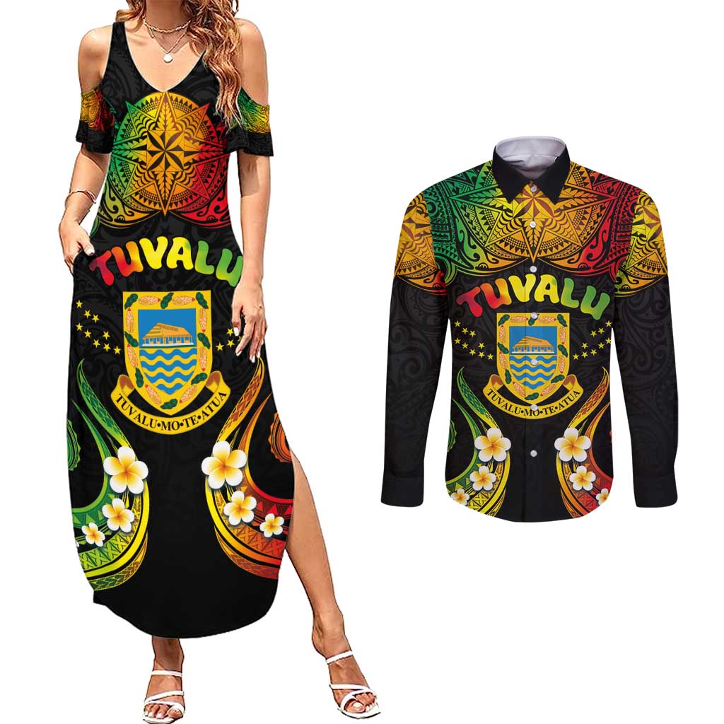 Personalised Tuvalu Independence Day Couples Matching Summer Maxi Dress and Long Sleeve Button Shirt Polynesian Tattoo and Plumeria Reggae Color