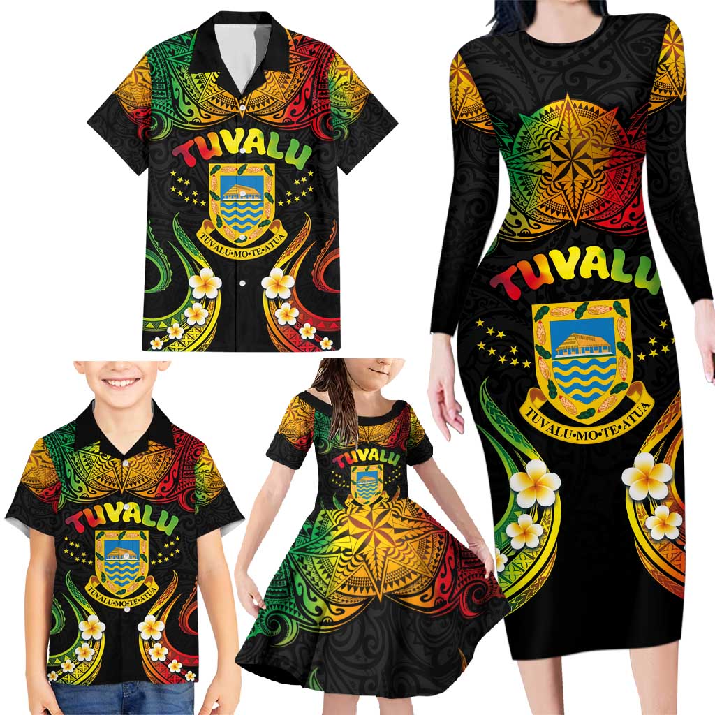 Personalised Tuvalu Independence Day Family Matching Long Sleeve Bodycon Dress and Hawaiian Shirt Polynesian Tattoo and Plumeria Reggae Color