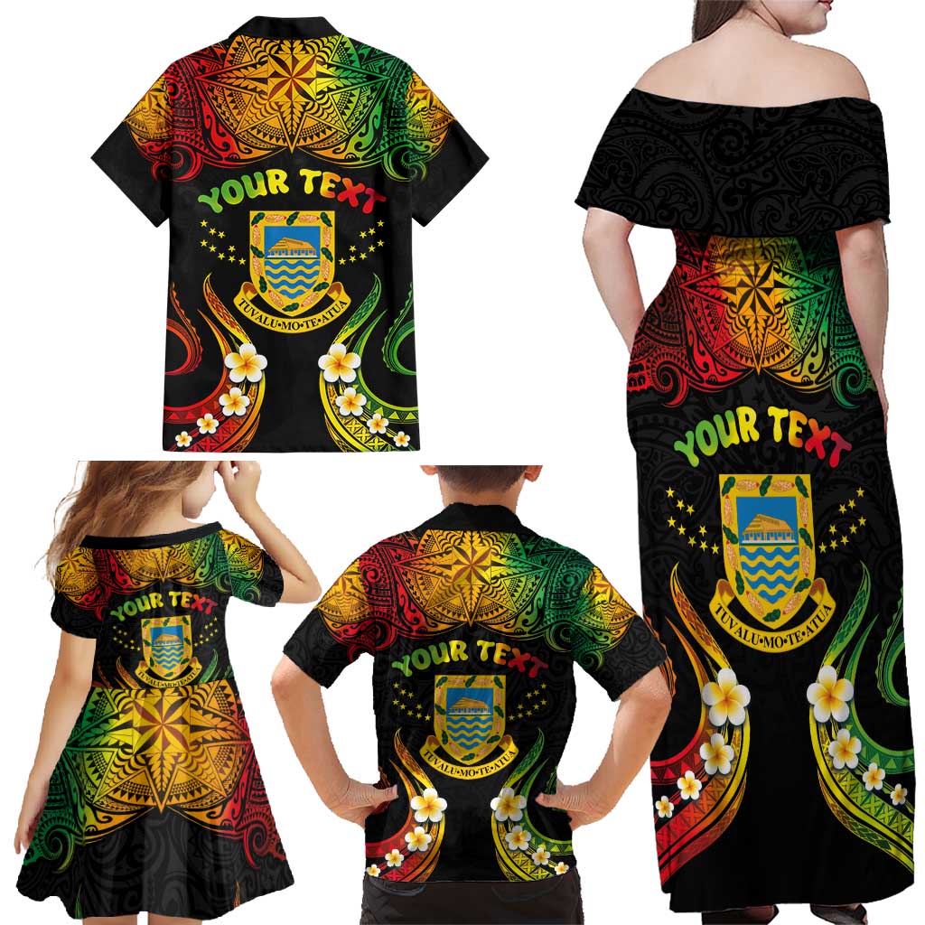Personalised Tuvalu Independence Day Family Matching Off Shoulder Maxi Dress and Hawaiian Shirt Polynesian Tattoo and Plumeria Reggae Color LT03 - Polynesian Pride