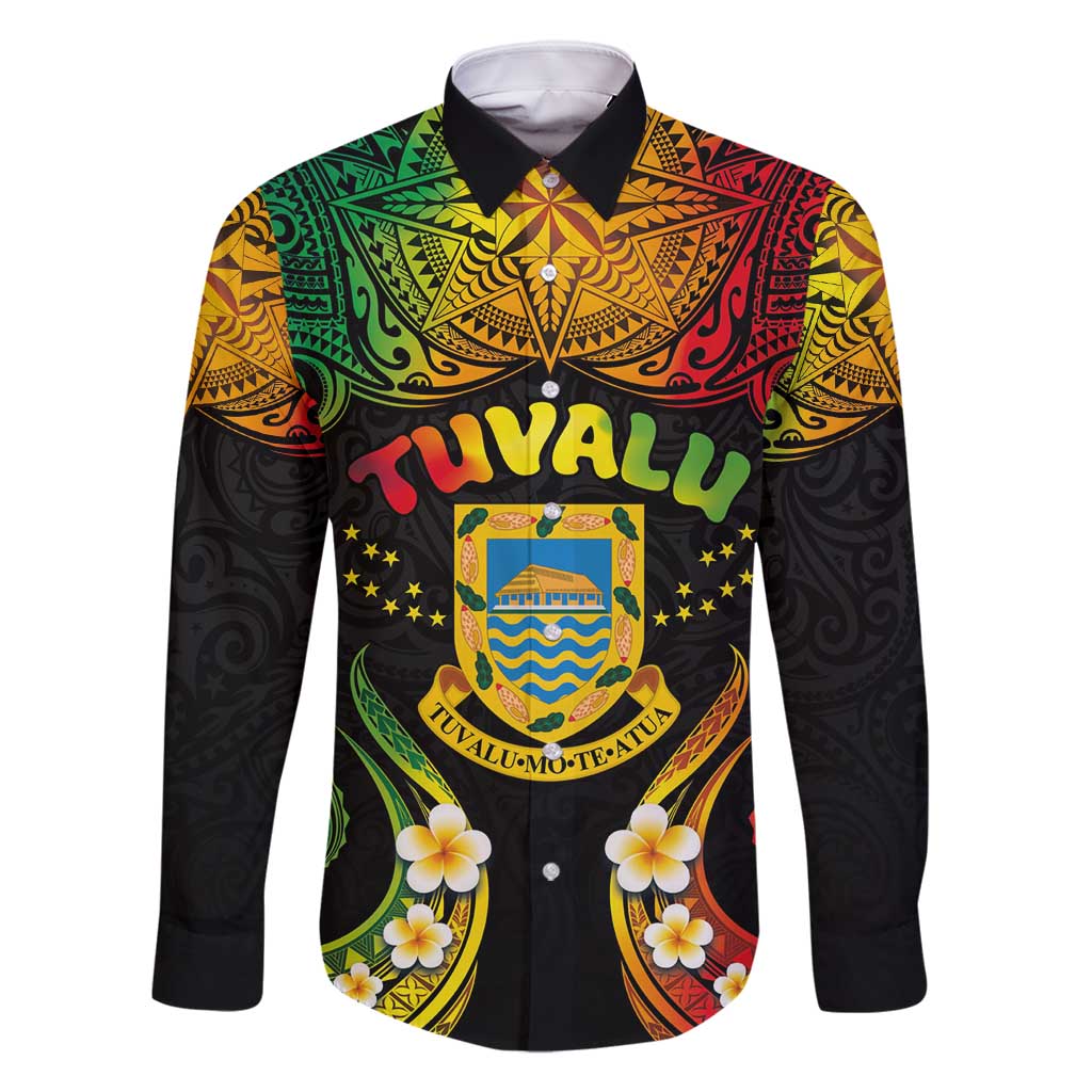 Personalised Tuvalu Independence Day Family Matching Off Shoulder Maxi Dress and Hawaiian Shirt Polynesian Tattoo and Plumeria Reggae Color LT03 Dad's Shirt - Long Sleeve Reggae - Polynesian Pride