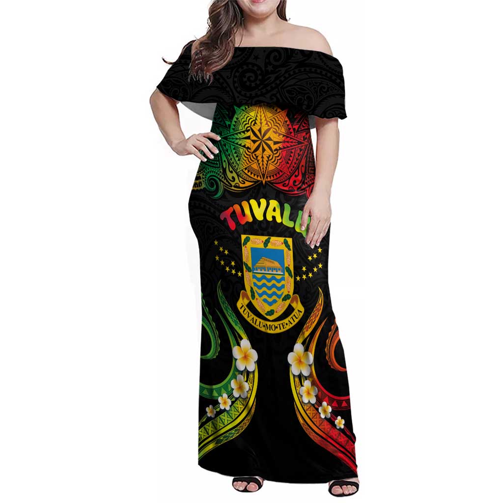 Personalised Tuvalu Independence Day Family Matching Off Shoulder Maxi Dress and Hawaiian Shirt Polynesian Tattoo and Plumeria Reggae Color LT03 Mom's Dress Reggae - Polynesian Pride