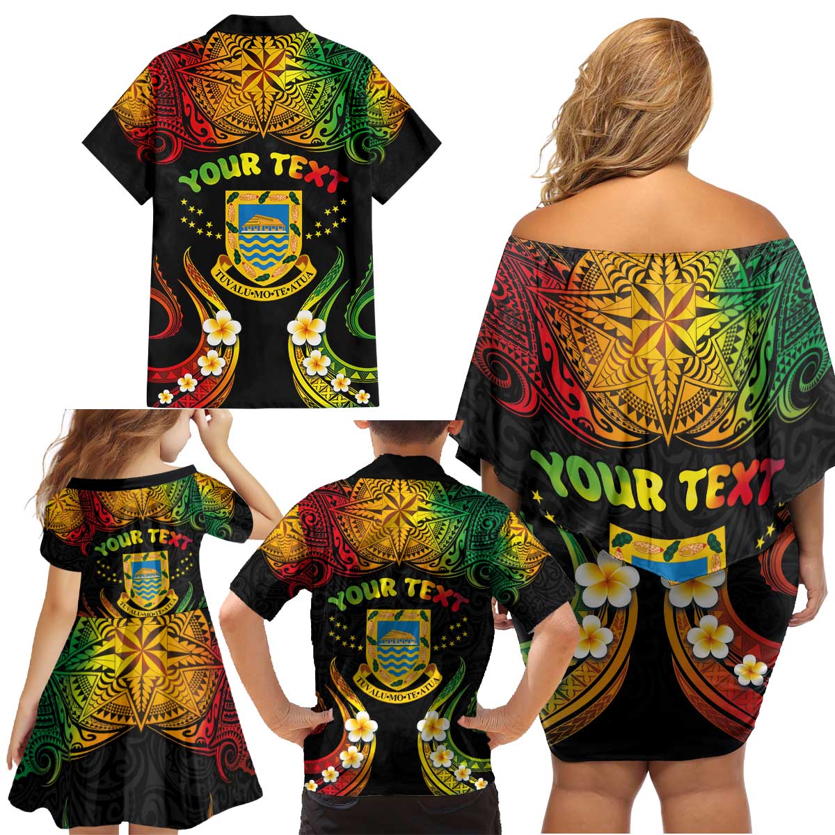 Personalised Tuvalu Independence Day Family Matching Off Shoulder Short Dress and Hawaiian Shirt Polynesian Tattoo and Plumeria Reggae Color