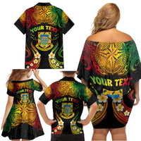Personalised Tuvalu Independence Day Family Matching Off Shoulder Short Dress and Hawaiian Shirt Polynesian Tattoo and Plumeria Reggae Color