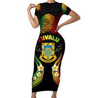Personalised Tuvalu Independence Day Family Matching Short Sleeve Bodycon Dress and Hawaiian Shirt Polynesian Tattoo and Plumeria Reggae Color